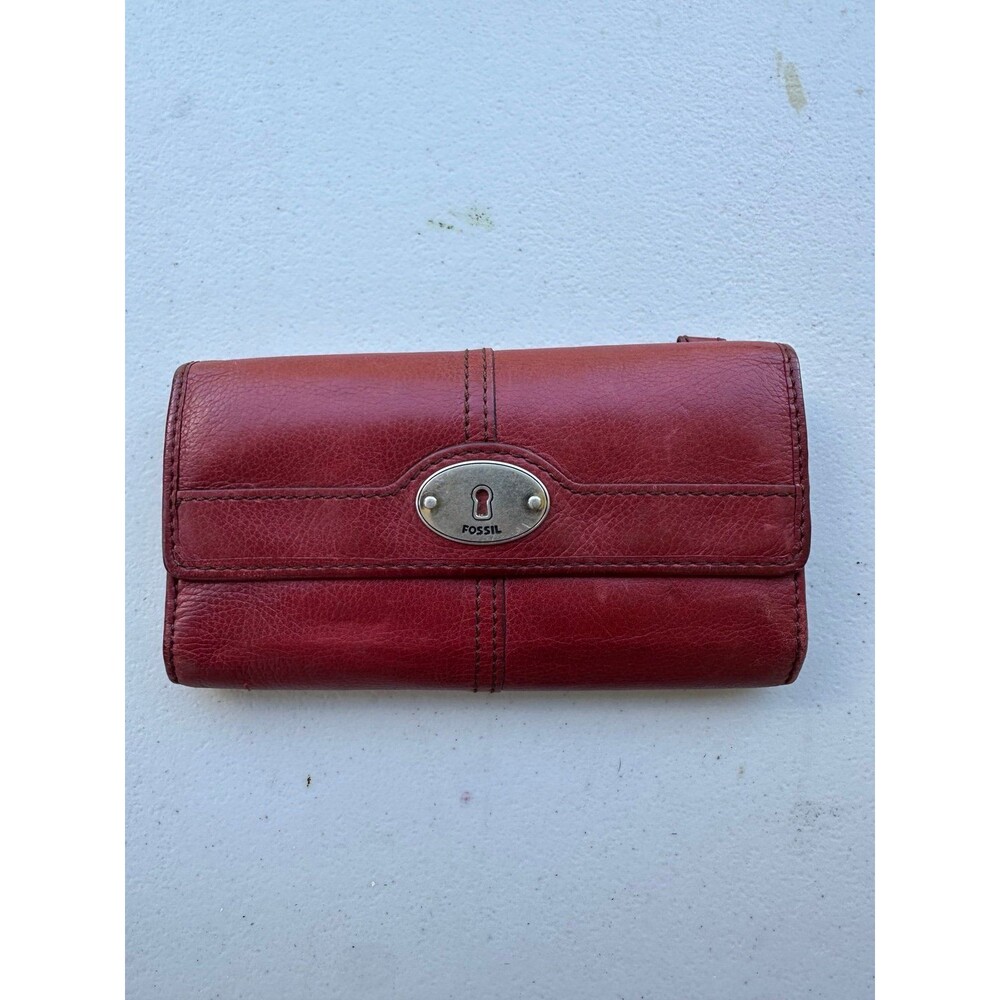 Vintage Fossil Maddox Red Genuine Cowhide Leather Trifold Organizer Wallet